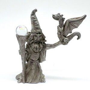 1987 Spoontiques Vintage Pewter Wizard Dragon Figurine Crystal Ball
